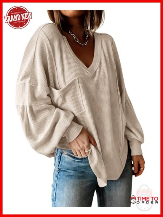 Tops - Long Sleeve V Neck Ribbed Knit Blouse Tunic Top Loose Fit Casual Pullover